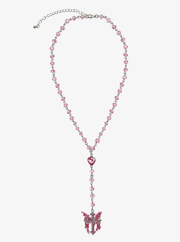 Sweet Society Pink Butterfly Cross Rosary Necklace