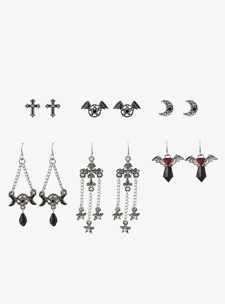 Cosmic Aura Gothic Cross Moon Bat Earring Set