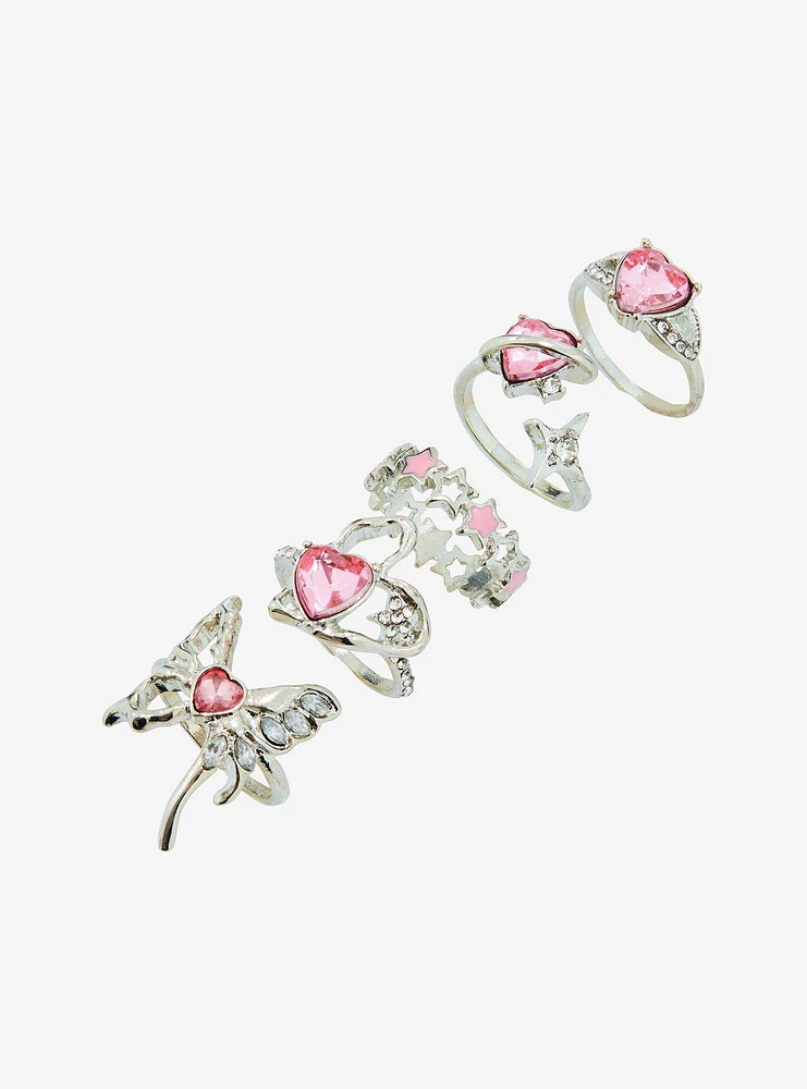 Sweet Society Pink Heart Butterfly Bling Ring Set