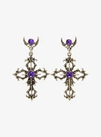 Cosmic Aura Ornate Cross Purple Gem Drop Earrings