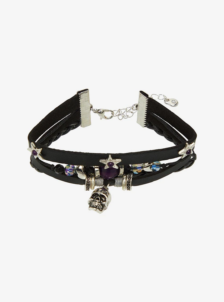 Cosmic Aura Skull Star Faux Leather Bracelet