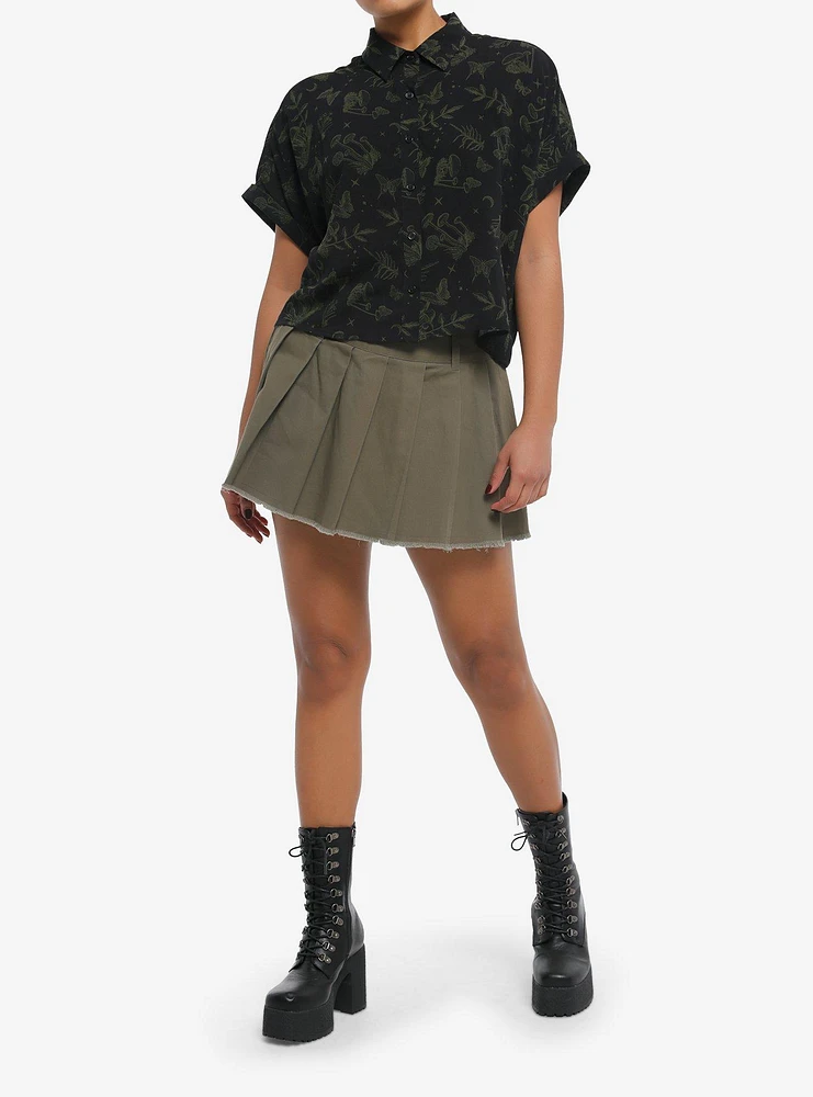 Cosmic Aura Black & Green Mushroom Girls Crop Woven Button-Up