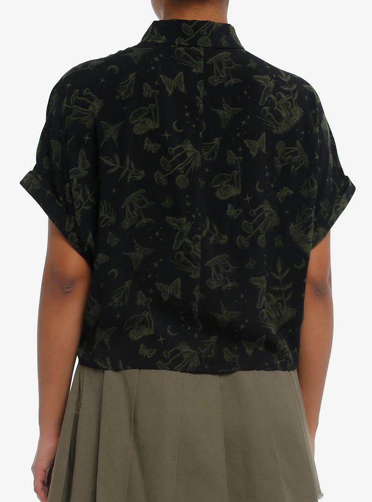 Cosmic Aura Black & Green Mushroom Girls Crop Woven Button-Up