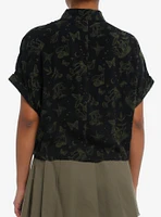 Cosmic Aura Black & Green Mushroom Girls Crop Woven Button-Up