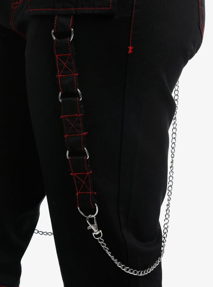 Black & Red Contrast Stitch Low-Rise Girls Cargo Flare Pants