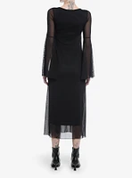 Cosmic Aura Black Mesh Bell Sleeve Midaxi Dress