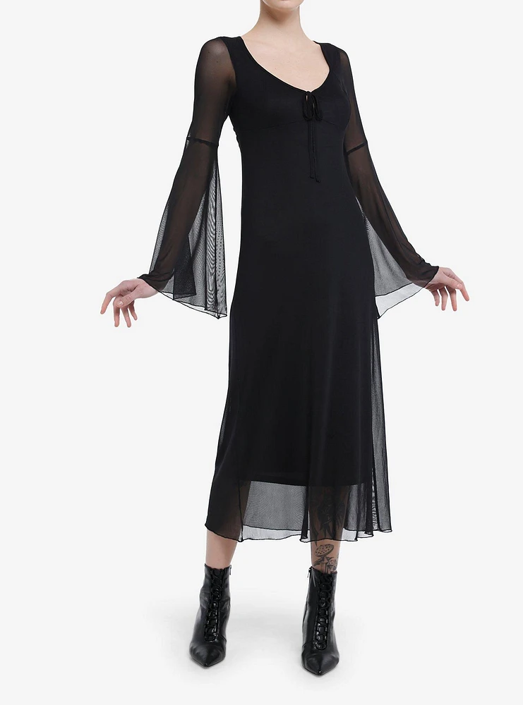 Cosmic Aura Black Mesh Bell Sleeve Midaxi Dress