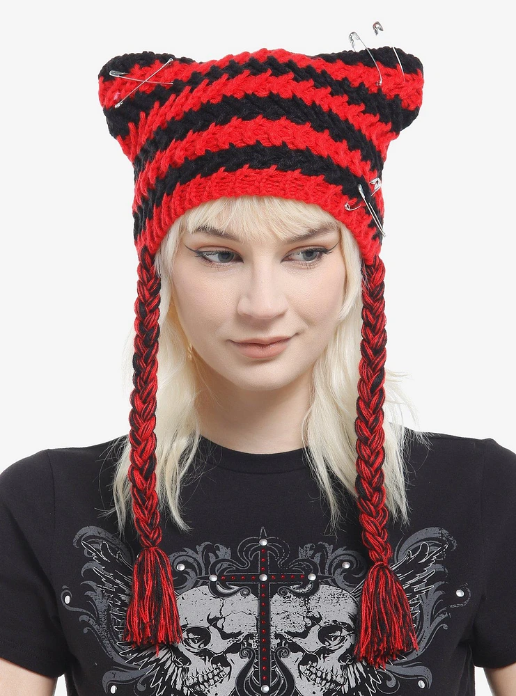 Red & Black Ear Safety Pin Tassel Beanie