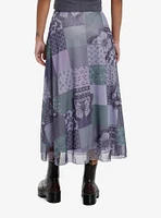 Thorn & Fable Purple Green Butterfly Patchwork Mesh Midi Skirt