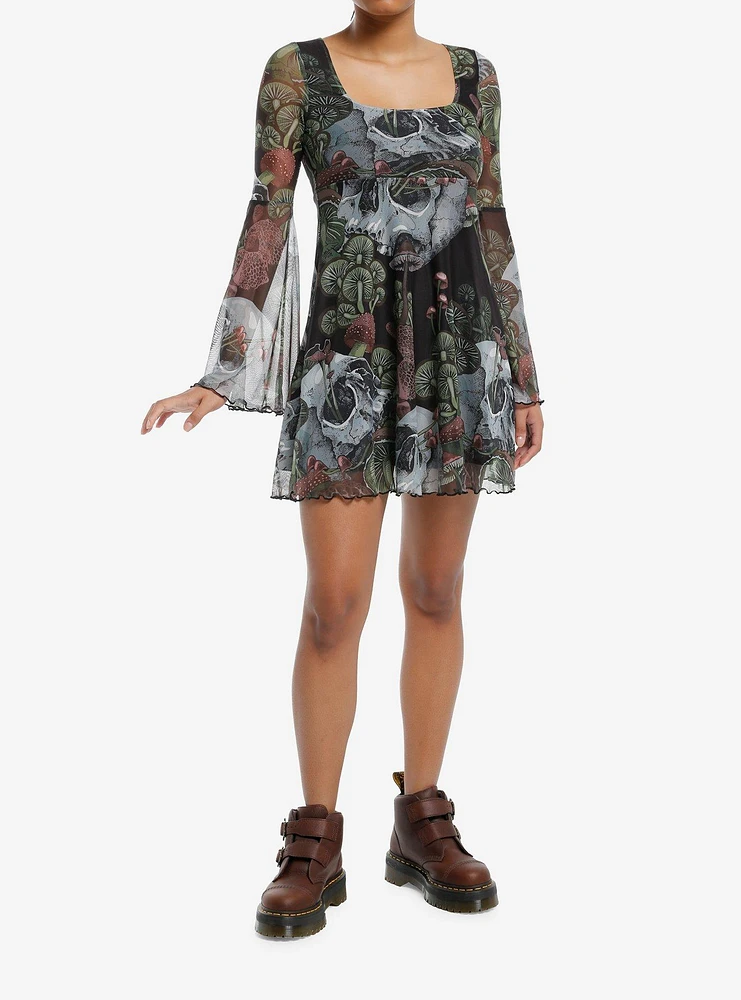 Thorn & Fable Skulls Mushrooms Bell Sleeve Mini Dress