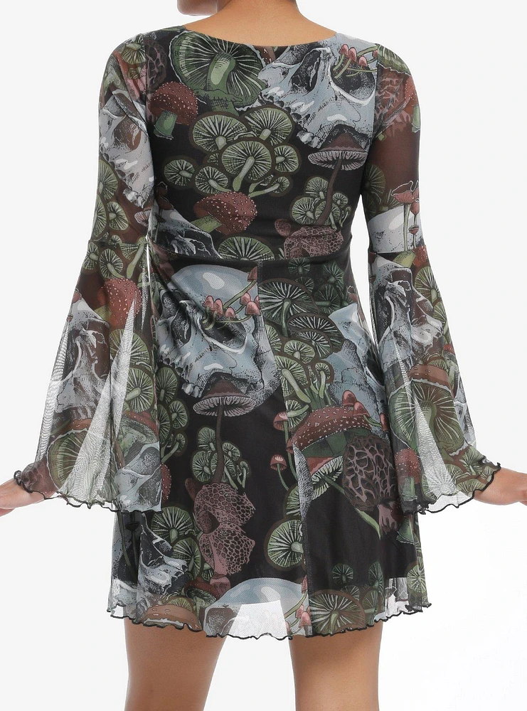 Thorn & Fable Skulls Mushrooms Bell Sleeve Mini Dress