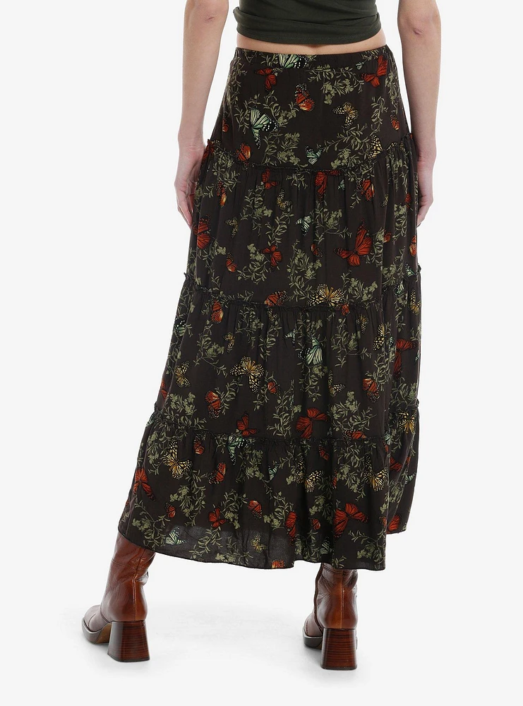 Thorn & Fable Monarch Butterfly Brown Tiered Maxi Skirt