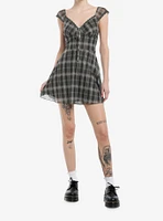 Light & Dark Green Plaid Cap Sleeve Mini Dress