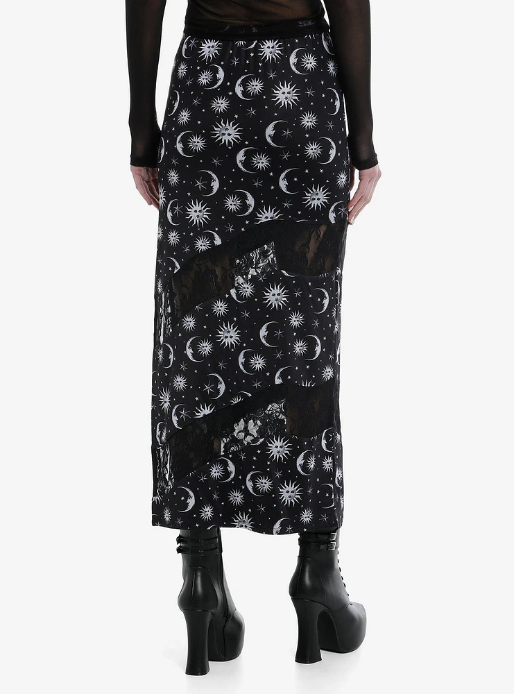 Cosmic Aura Black & White Celestial Lace Midi Skirt