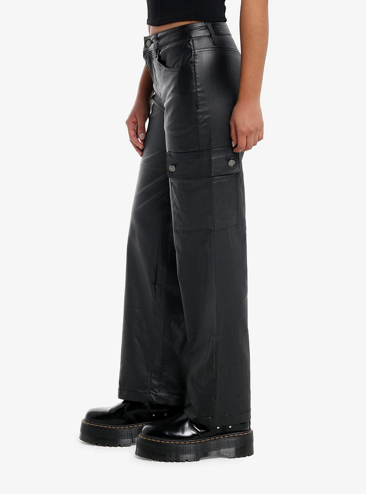 Black Faux Leather Cargo Pants