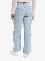 Light Indigo Pink Bow Cargo Denim Pants