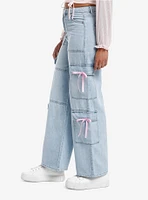 Light Indigo Pink Bow Cargo Denim Pants