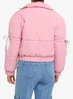 Bubblegum Pink White Bow Girls Puffer Jacket