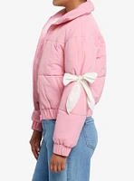 Bubblegum Pink White Bow Girls Puffer Jacket