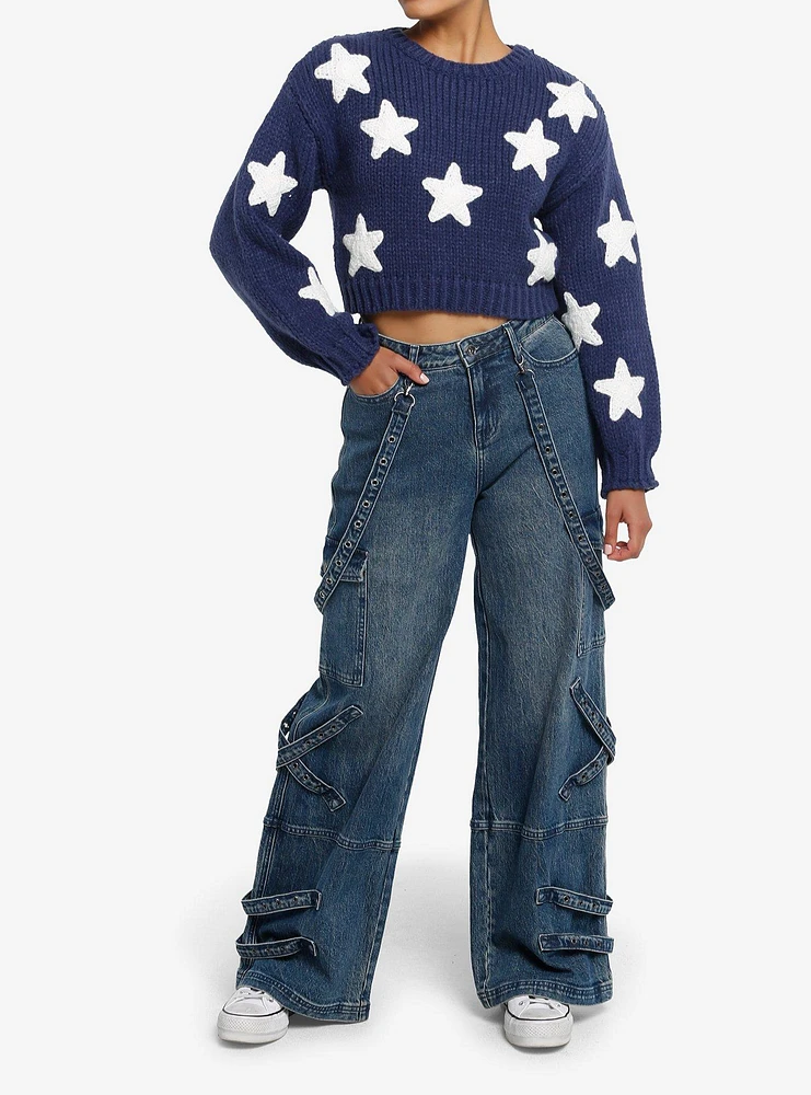 Navy & White Star Girls Crop Knit Sweater