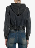 Dark Blue Vintage Wash Hooded Girls Crop Denim Jacket