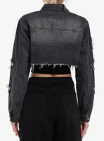 Black Wash Star Patch Extreme Girls Crop Denim Jacket