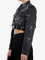 Black Wash Star Patch Extreme Girls Crop Denim Jacket