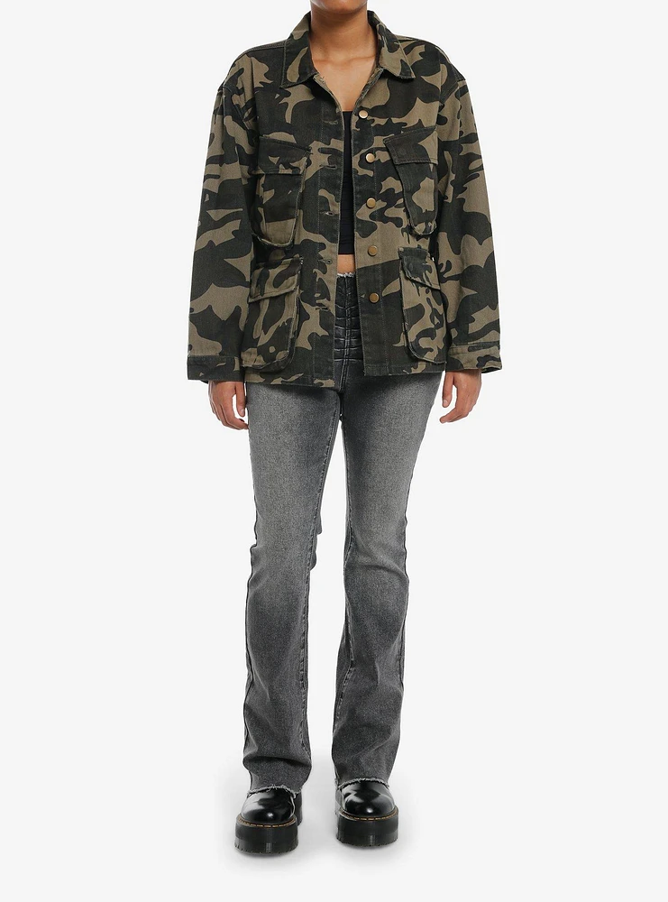 Green Camo Cargo Pocket Girls Denim Jacket