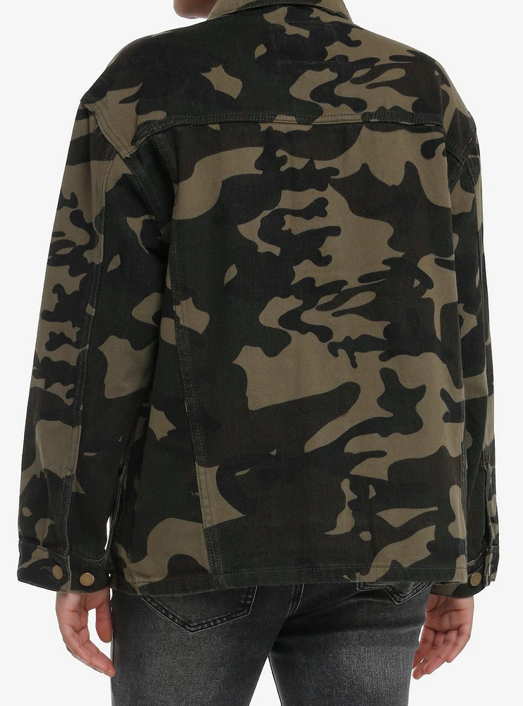 Green Camo Cargo Pocket Girls Denim Jacket