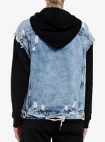 Light Indigo & Black Destructed Girls Twofer Jacket