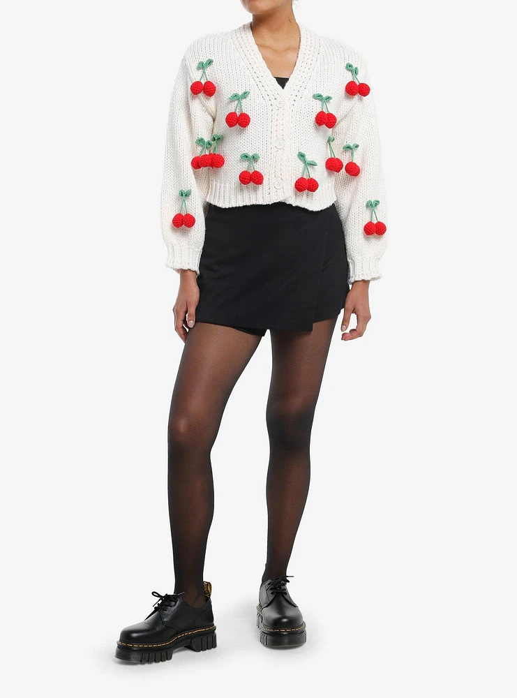 Cherries Knit Cream Girls Crop Cardigan