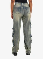 Vintage Wash Cargo Pocket Wide Leg Denim Pants