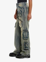 Vintage Wash Cargo Pocket Wide Leg Denim Pants