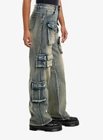 Vintage Wash Cargo Pocket Wide Leg Denim Pants