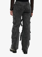 Black Acid Wash Strappy Cargo Denim Pants