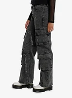 Black Acid Wash Strappy Cargo Denim Pants