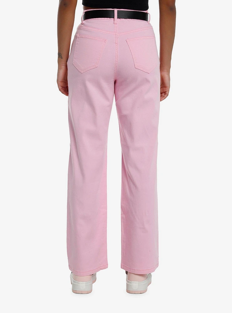 Pink Wide Leg Carpenter Pants With Belt