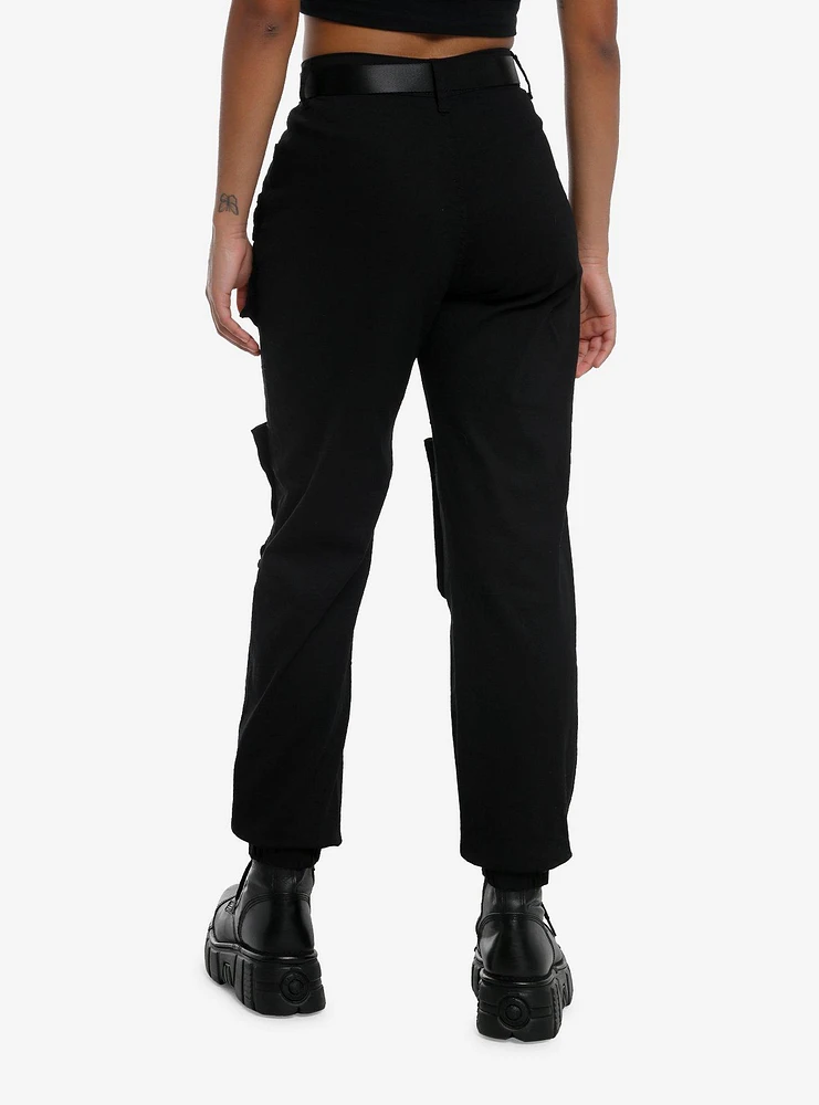 Black Cargo Pocket Utility Jogger Pants With Belt