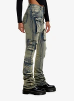 Vintage Wash Cargo Stacked Denim Pants