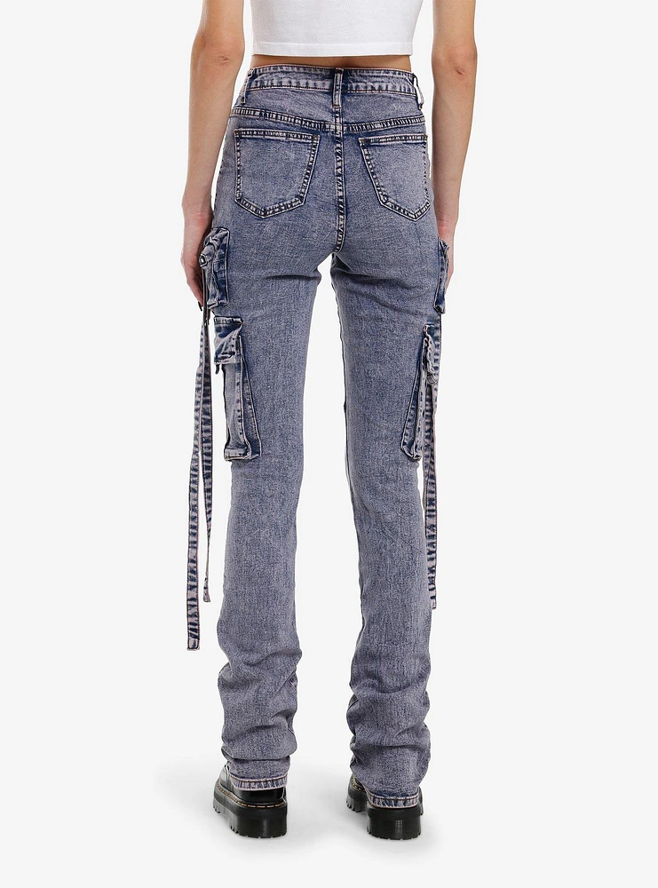 Purple Acid Wash Cargo Straight Leg Jeans