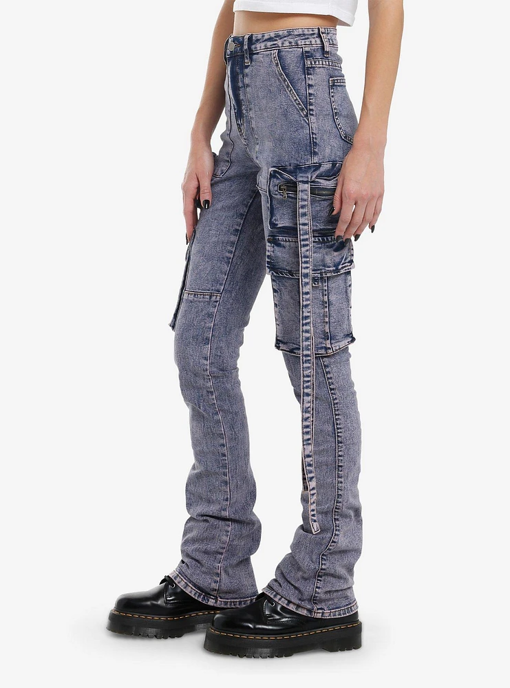 Purple Acid Wash Cargo Straight Leg Jeans