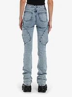 Light Indigo Acid Wash Cargo Stacked Denim Pants