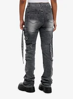 Grey Wash Cargo Stacked Denim Pants