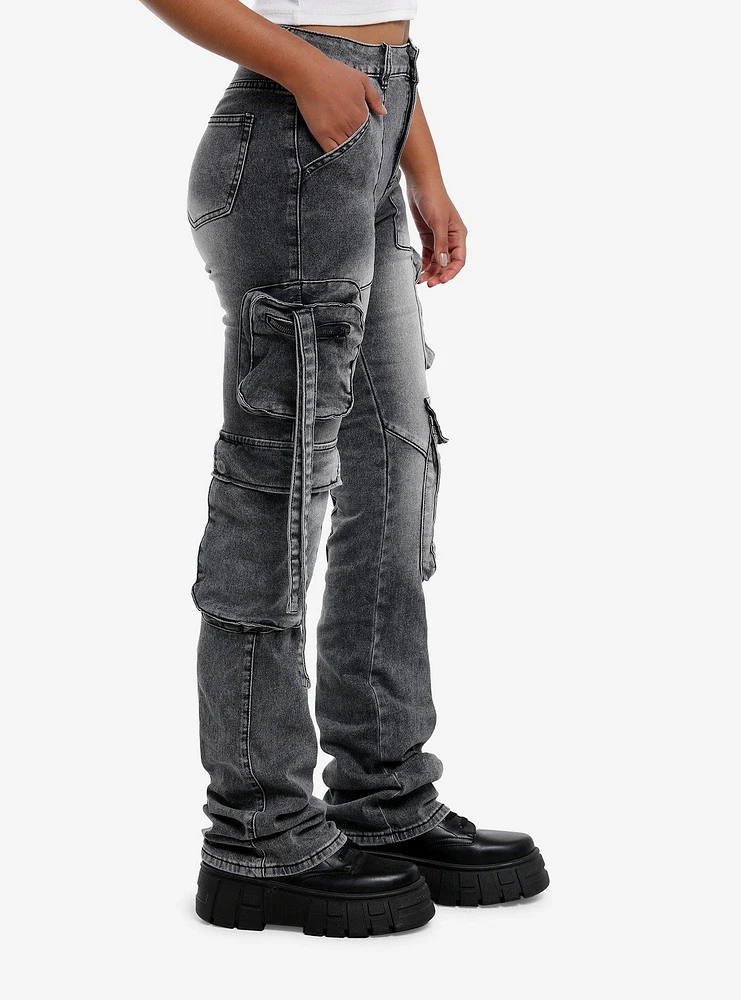 Grey Wash Cargo Stacked Denim Pants