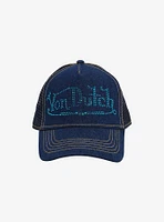 Von Dutch Rhinestone Logo Blue Denim Trucker Hat