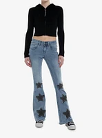 Black Ribbed Star Charm Girls Crop Hoodie