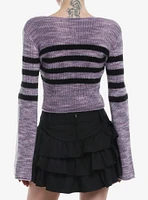 Purple & Black Stripe Marled Bell Sleeve Girls Crop Sweater