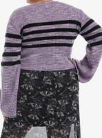 Purple & Black Stripe Marled Bell-Sleeve Girls Crop Sweater Plus