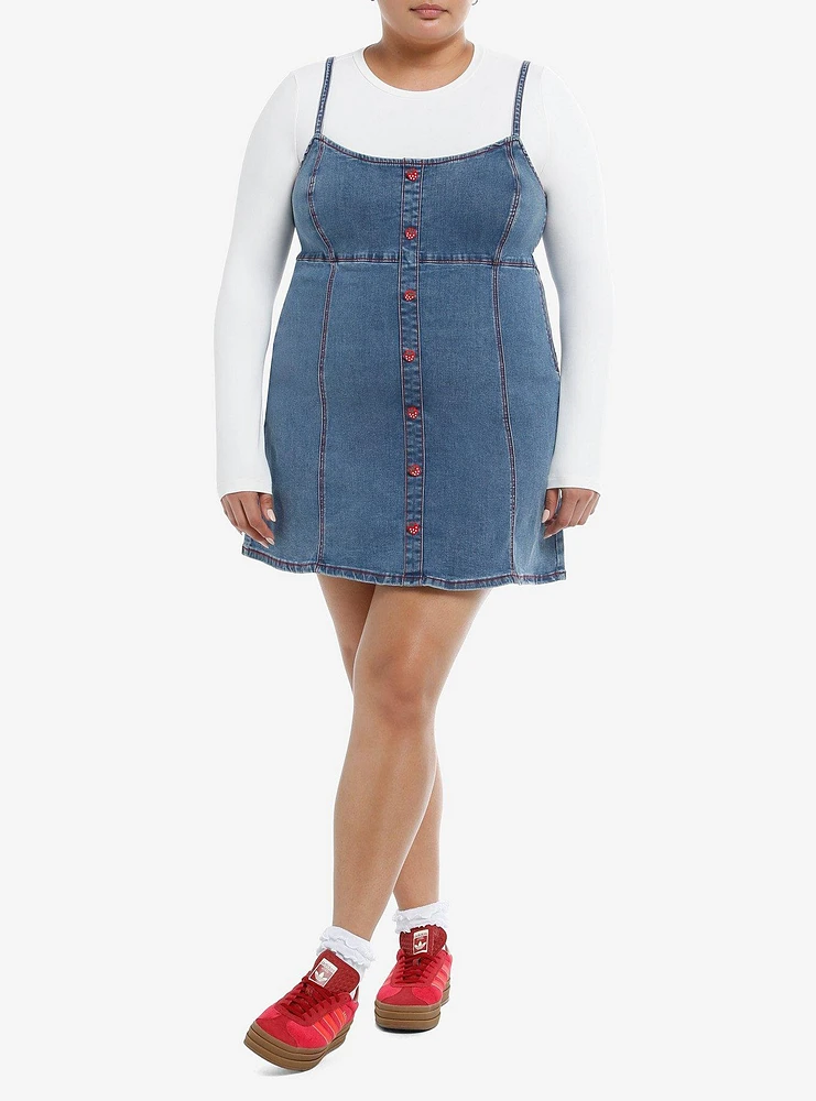 Sweet Society Strawberries Blue Denim Mini Dress Plus