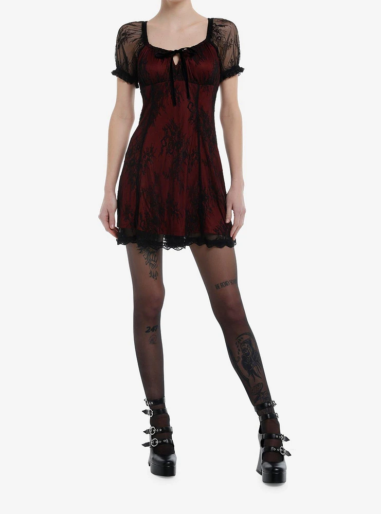 Cosmic Aura Red & Black Lace Empire Dress